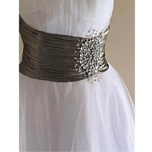 Strapless White Tulle Dress With Silver Ruched Waist & Rhinestone Accents Size12 - Picture 5 of 5